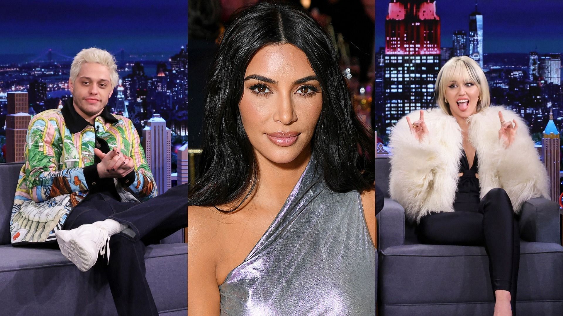 Pete Davidson, Kim Kardashian, and Miley Cyrus (Images via NBC and Getty Images)