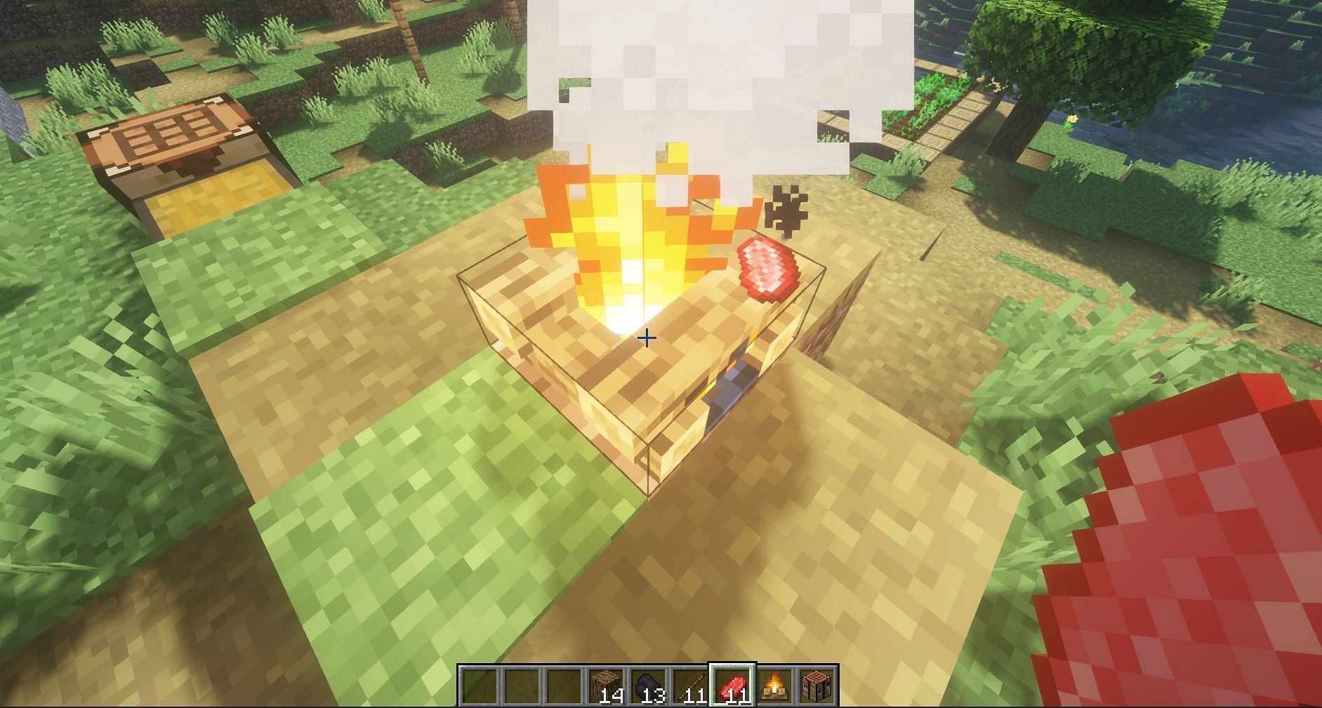 Raw beef cooking on a campfire (Image via Minecraft)