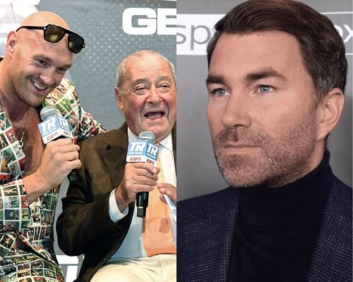 Tyson Fury And Bob Arum (left), Eddie Hearn (right)