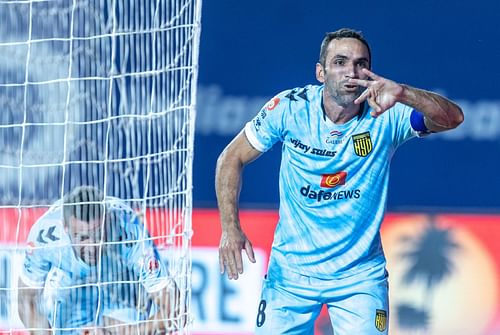 Hyderabad FC's Joao Victor celebrates after scoring against Odisha FC. (Image Courtesy: ISL Media)