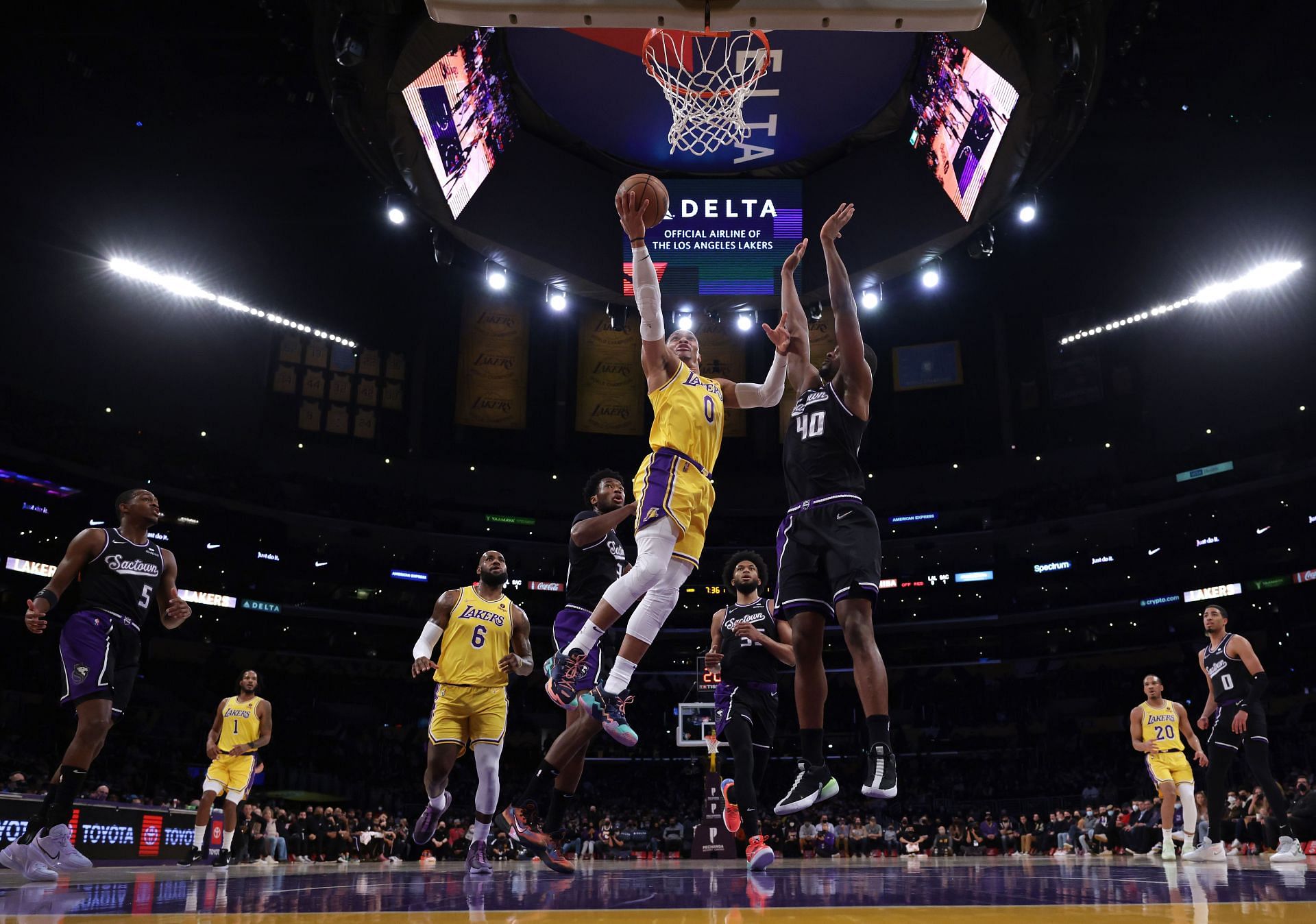 LA Lakers guard Russell Westbrook driving for a layup