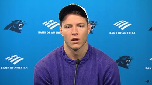 McCaffrey speaking at his press conference. Photo via Carolina Panthers YouTube.