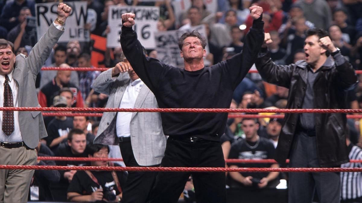 WWE Chairman Mr. McMahon celebrating in the ring after winning the 1999 Royal Rumble match