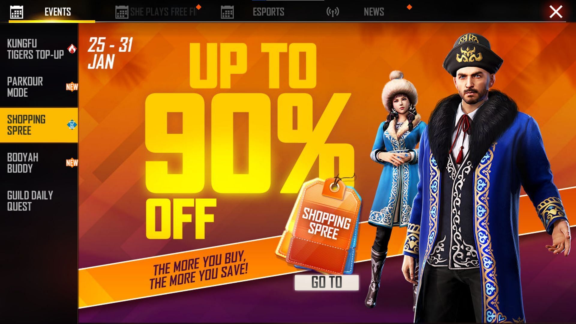 Tap on the &#039;Go To&#039; button to access the Shopping Spree event (Image via Garena)