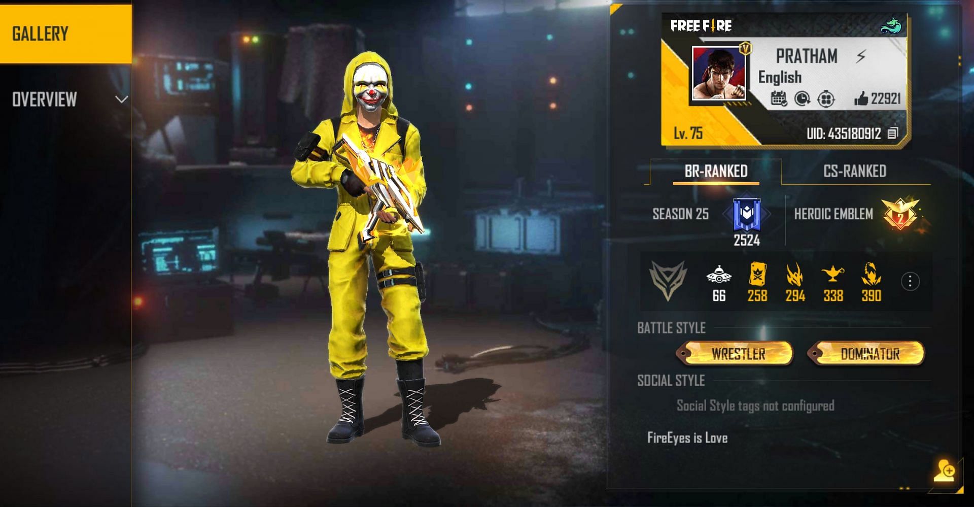 FireEyes Gaming has the V Badge in Free Fire (Image via Garena)