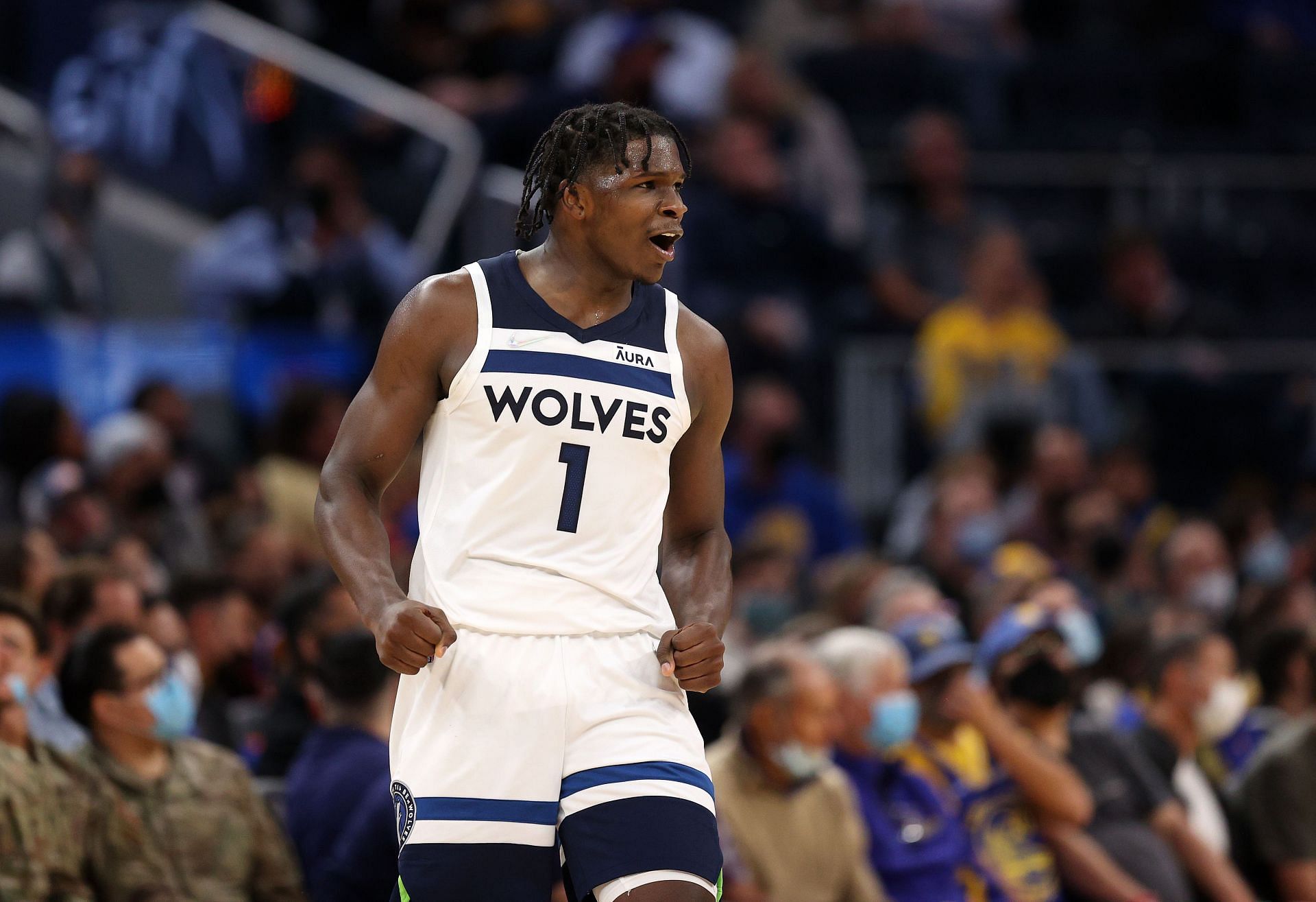 Anthony Edwards #1 of the Minnesota Timberwolves reacts after making a three point basket against the Golden State Warriors at Chase Center on November 10, 2021 in San Francisco, California.