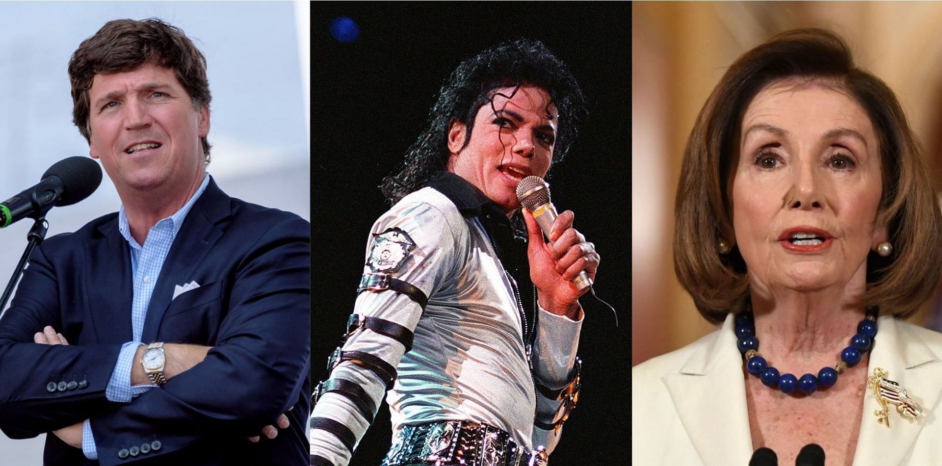 Tucker Carlson recently compared Nancy Pelosi&#039;s appearance to Michael Jackson (Image via Janos Kummer/Getty Images, Luke Frazza/Getty Images and Saul Loeb/Getty Images)
