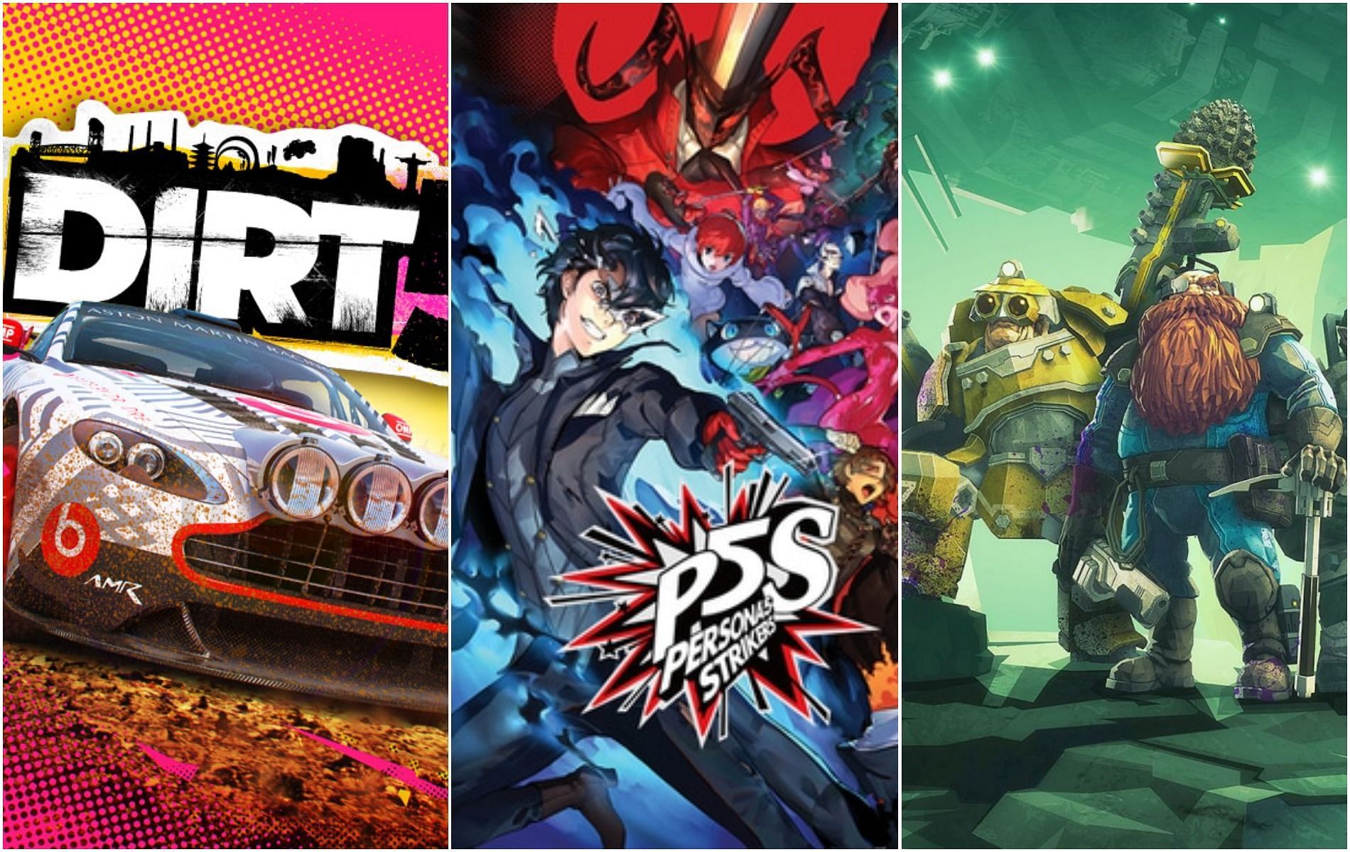 Persona 5 Strikers, Dirt 5, and Deep Rock Galactic are the PlayStation Plus free games for January 2022 (Images via Dirt 5, Atlas, and Deep Rock Galactic)
