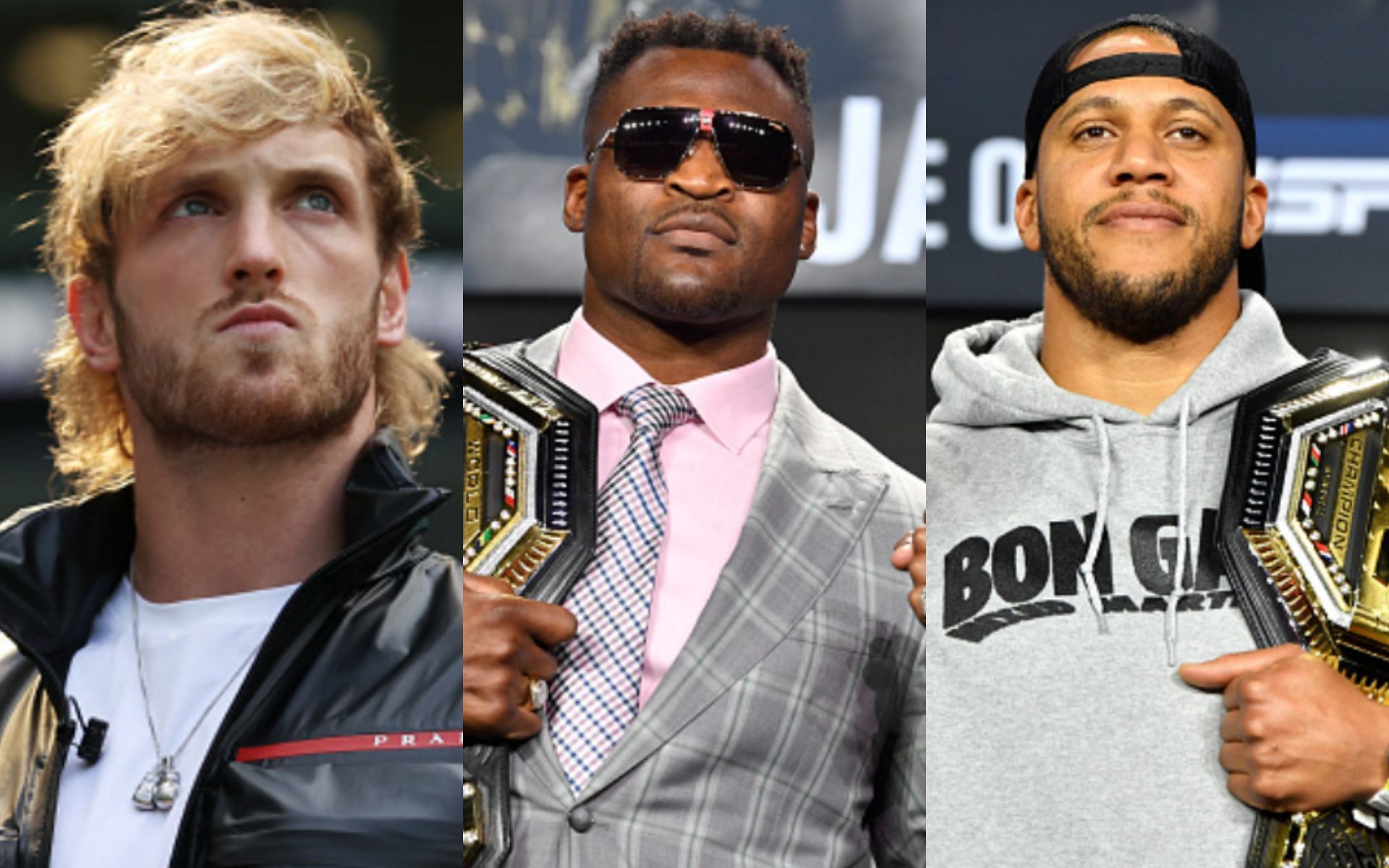 Logan Paul (left); Francis Ngannou (center); Ciryl Gane (right)