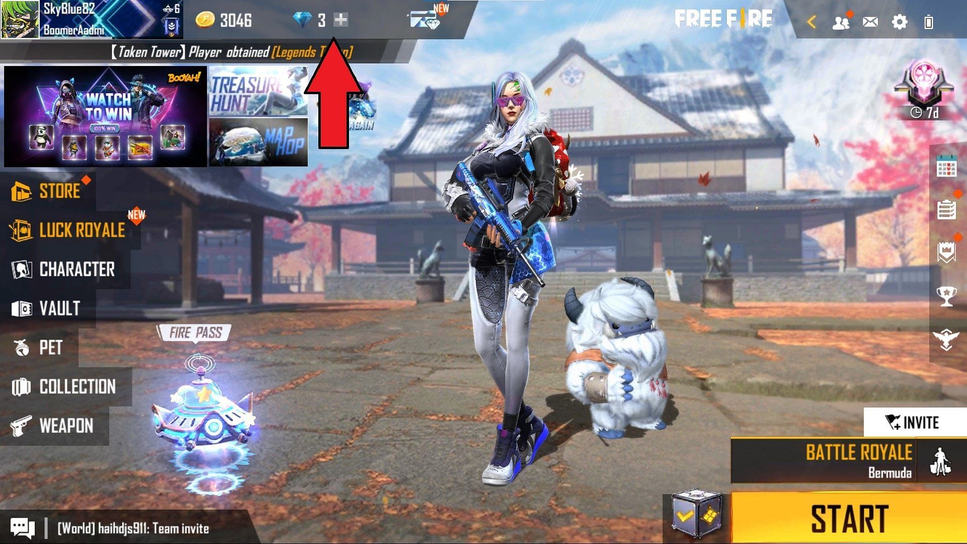Players must tap on the diamonds icon at the top of the screen (Image via Free Fire)