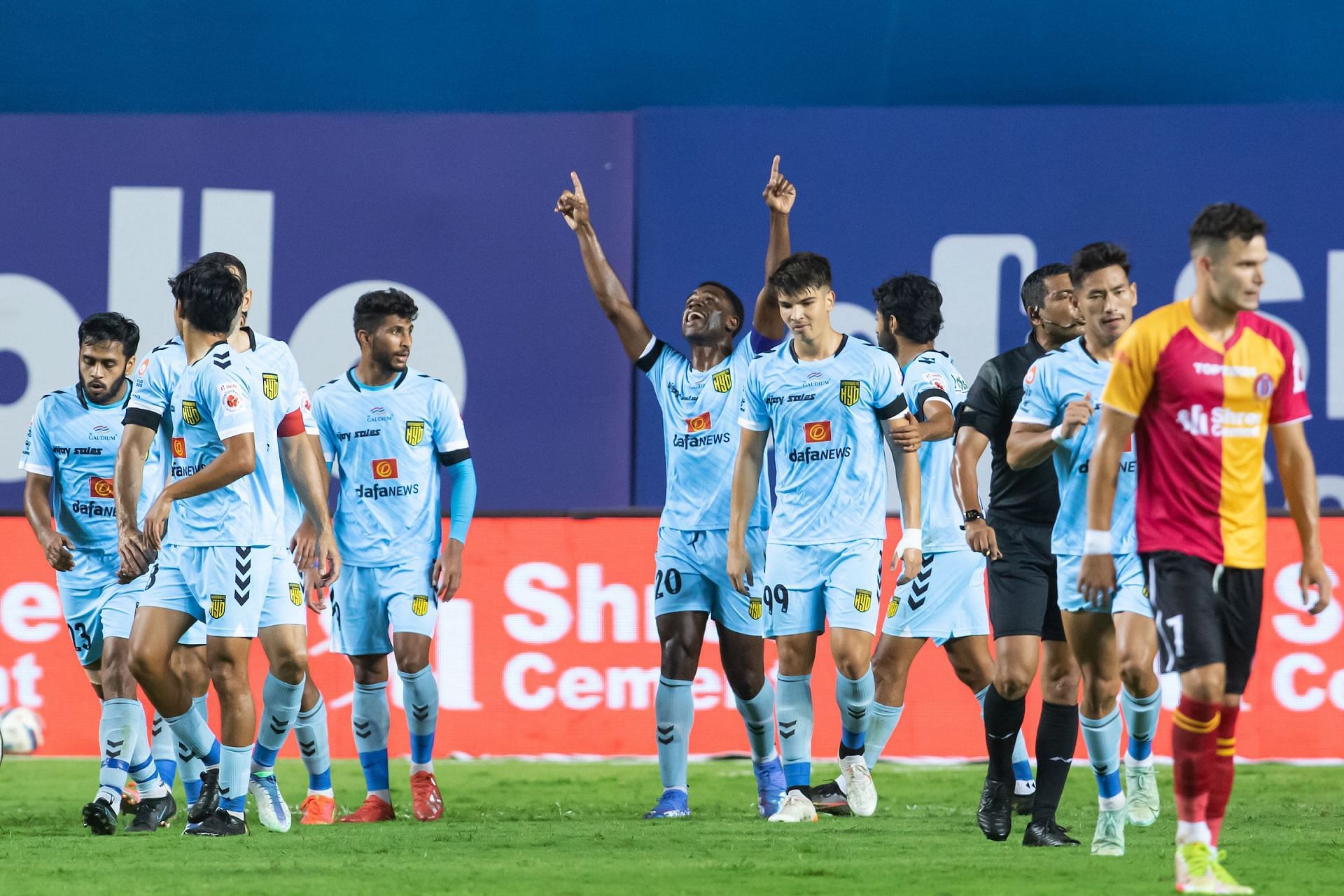 Hyderabad FC players celebrate a goal against SC East Bengal. [Credits: ISL]