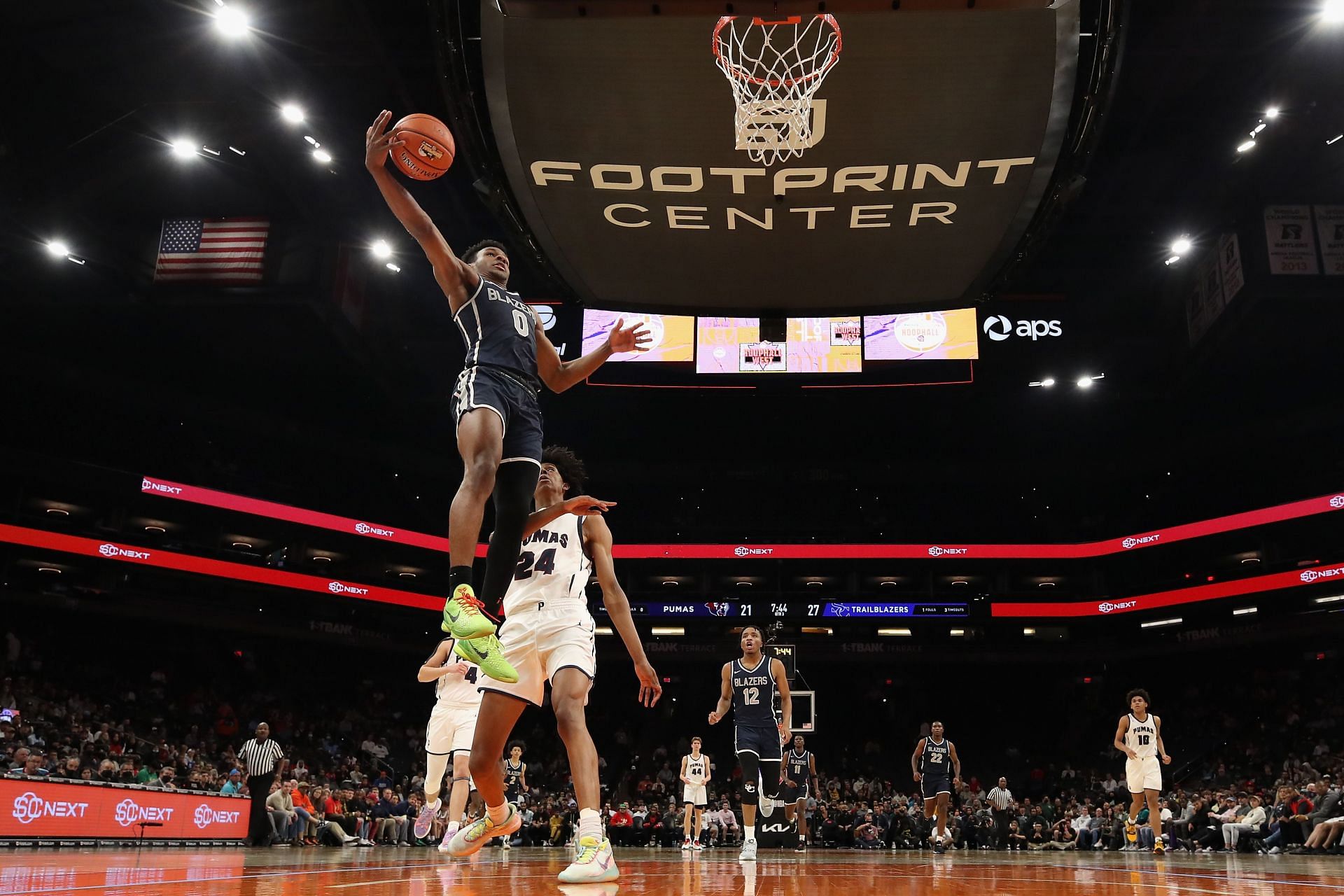 Bronny James attempts a dunk.