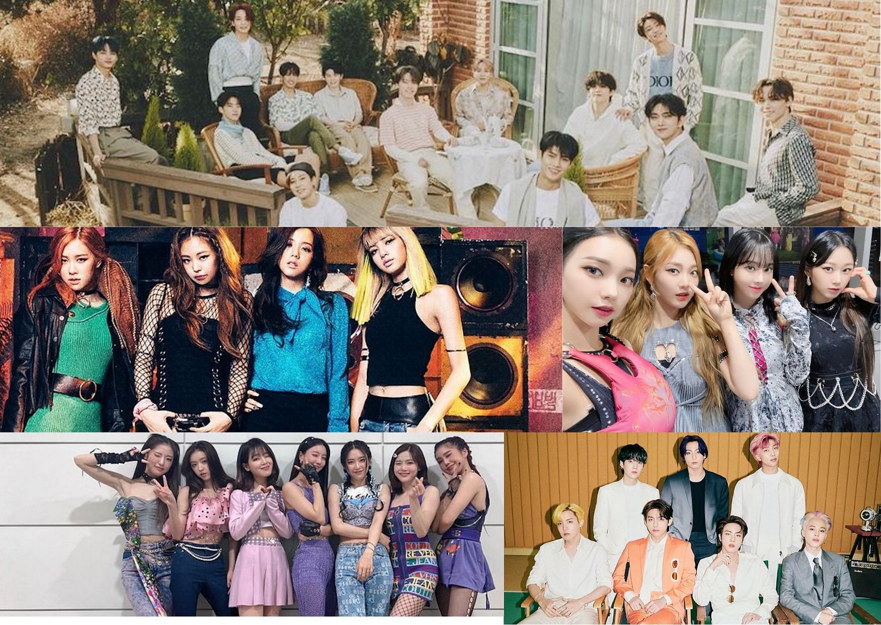 K-Pop groups (Image via Instagram/ @bts.bighitofficial/ @blackpinkofficial/ @saythename_17/ @aespa_official/ @wm_ohmygirl)