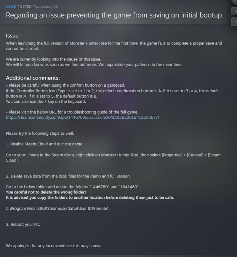 Pernyataan resmi Capcom tentang bug yang diposting di Steam (Gambar melalui Valve)