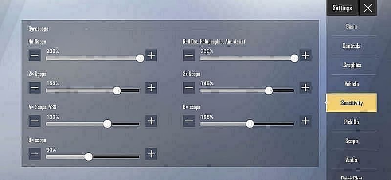 PUBG Mobile Lite gyroscope sensitivity settings (Image via Krafton)