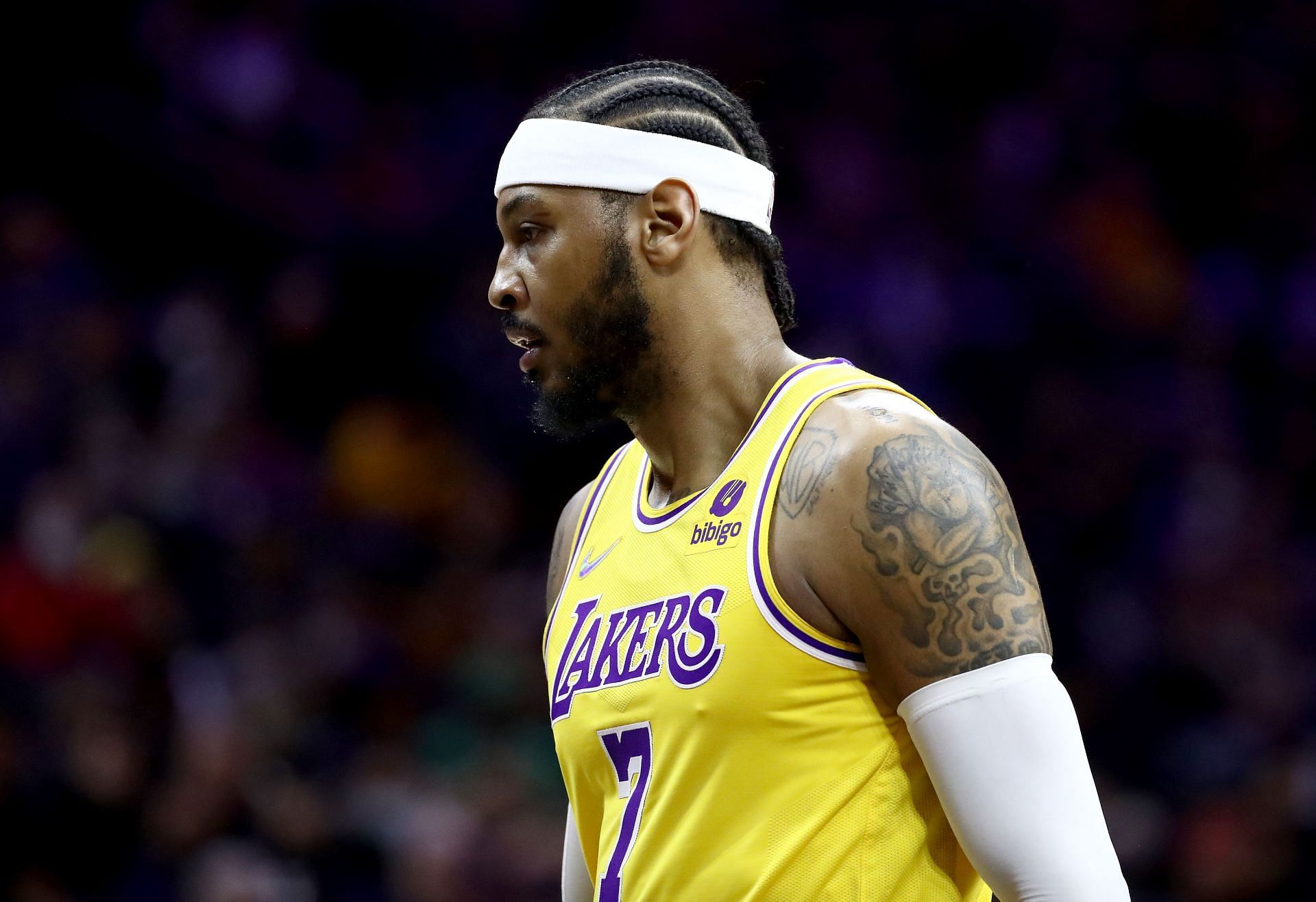 Carmelo Anthony of the LA Lakers looks on during the second quarter against the Philadelphia 76ers at Wells Fargo Center on Thursday in Philadelphia, Pennsylvania.