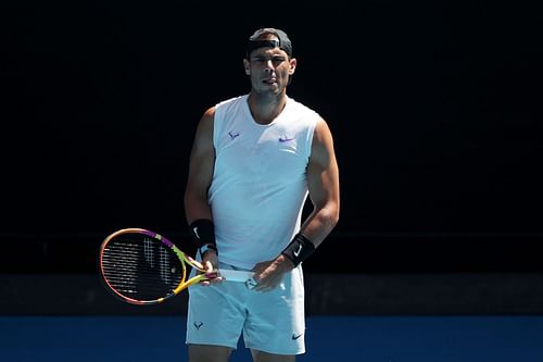 Rafael Nadal looks on during his practice session with Alexander Zverev on Wednesday