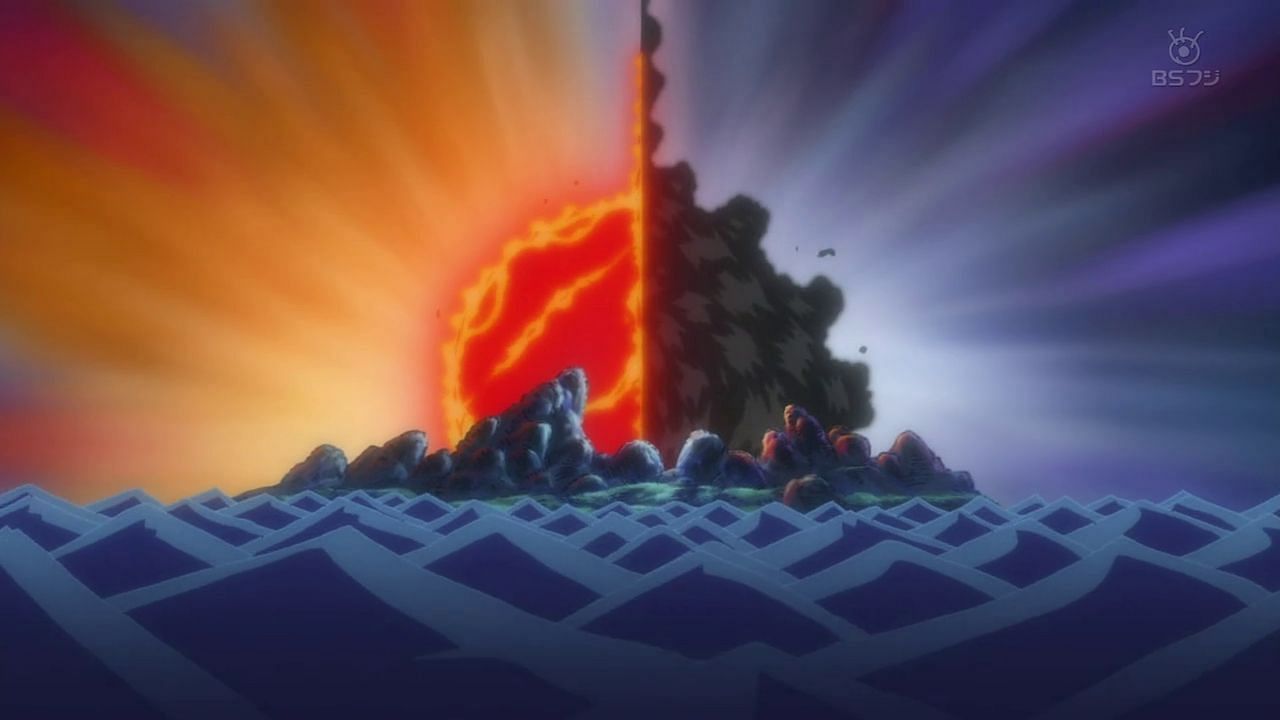 Banaro Island as Ace and Blackbeard duel, as seen in the One Piece anime (Image via Toei Animation)