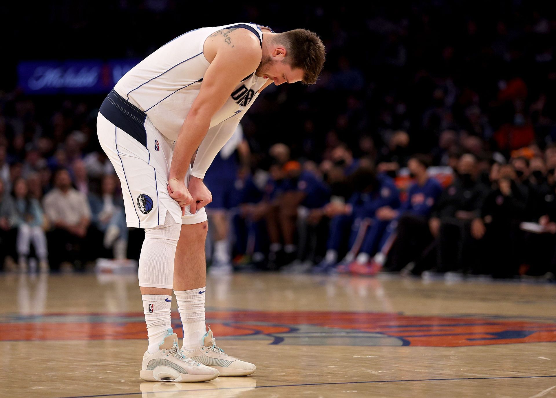 Luka Doncic of the Dallas Mavericks reacts to a bucket