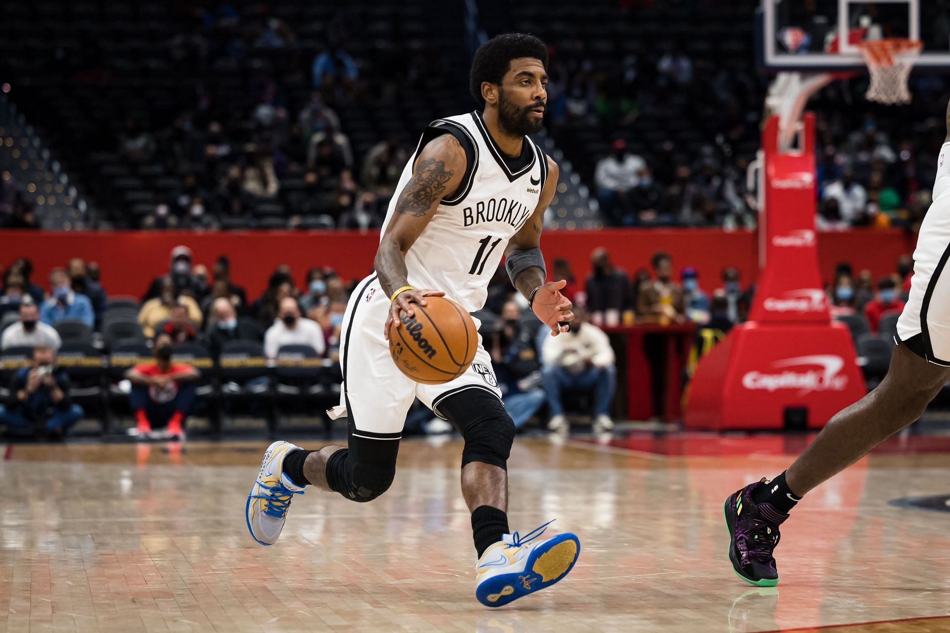Kyrie Irving of the Brooklyn Nets dribbles against the Washington Wizards on Wednesday in Washington, DC.
