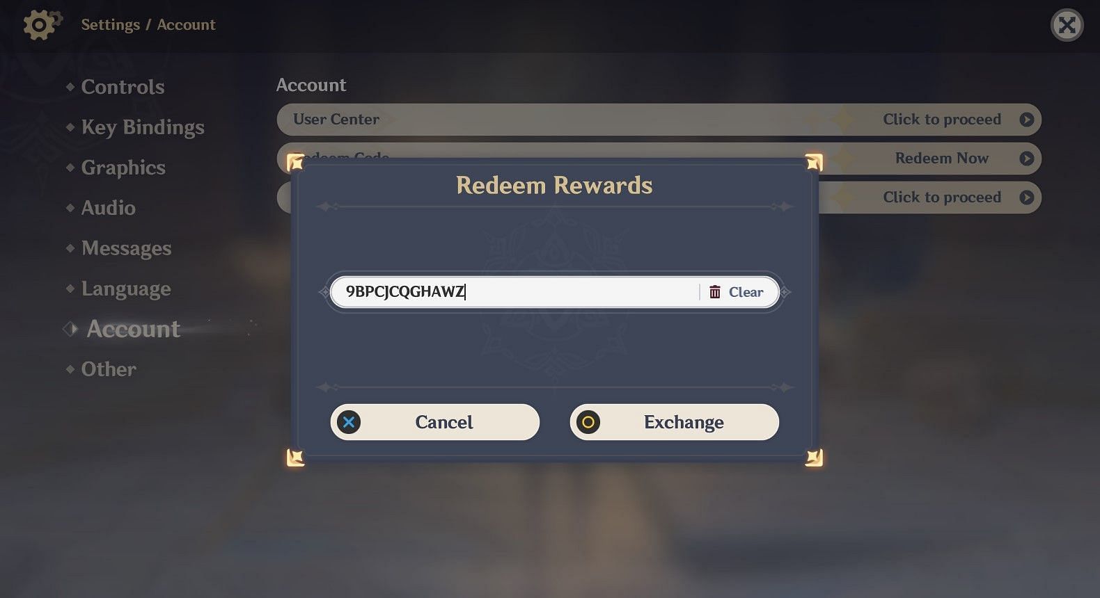 Players paste Redeem Codes here in the game (Image via Genshin Impact)