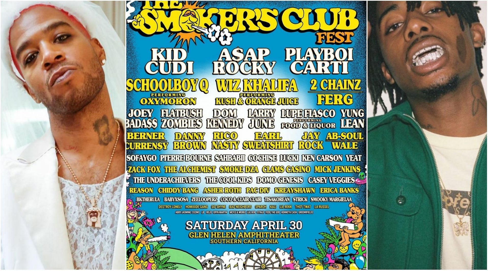 The 2022 edition of The Smoker&#039;s Club Fest is scheduled for April 30, 2022 (Images via Instagram @smokersfest, @kidcudi, @playboy_carti)