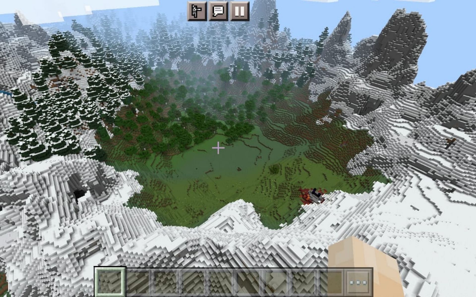 A serene flower crater surrounded by snow covered Jagged Peaks (Image via Minecraft)
