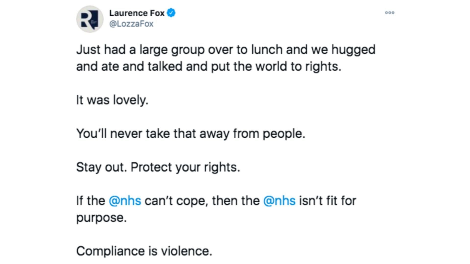 The tweet where Laurence Fox boasted about having lunch (Image via BorisJohnson_MP/Twitter)