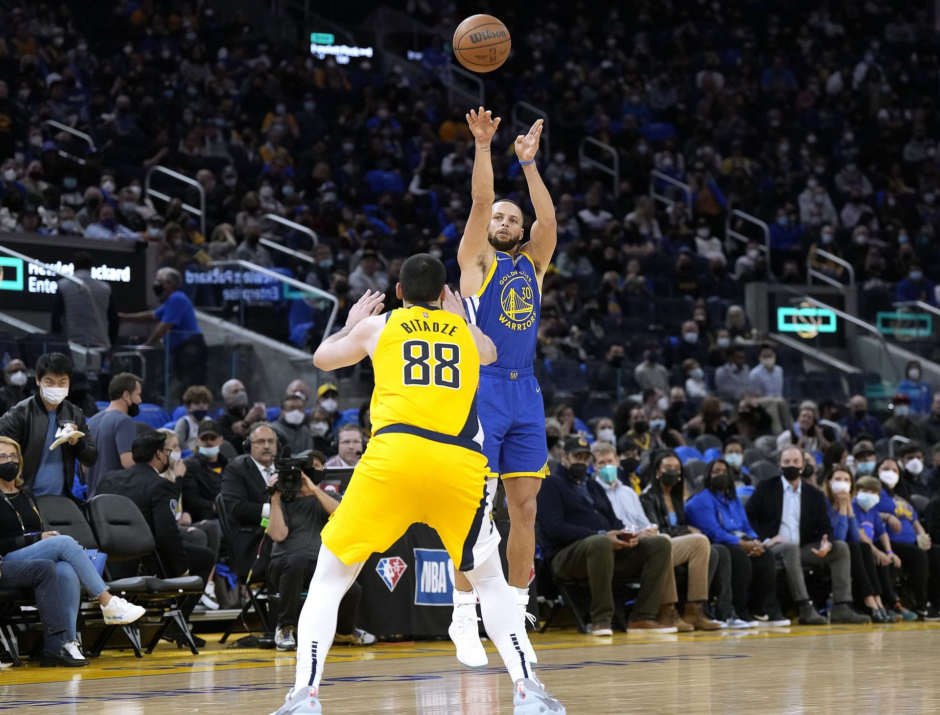 Steph Curry attempts a three-pointer against the Indiana Pacers
