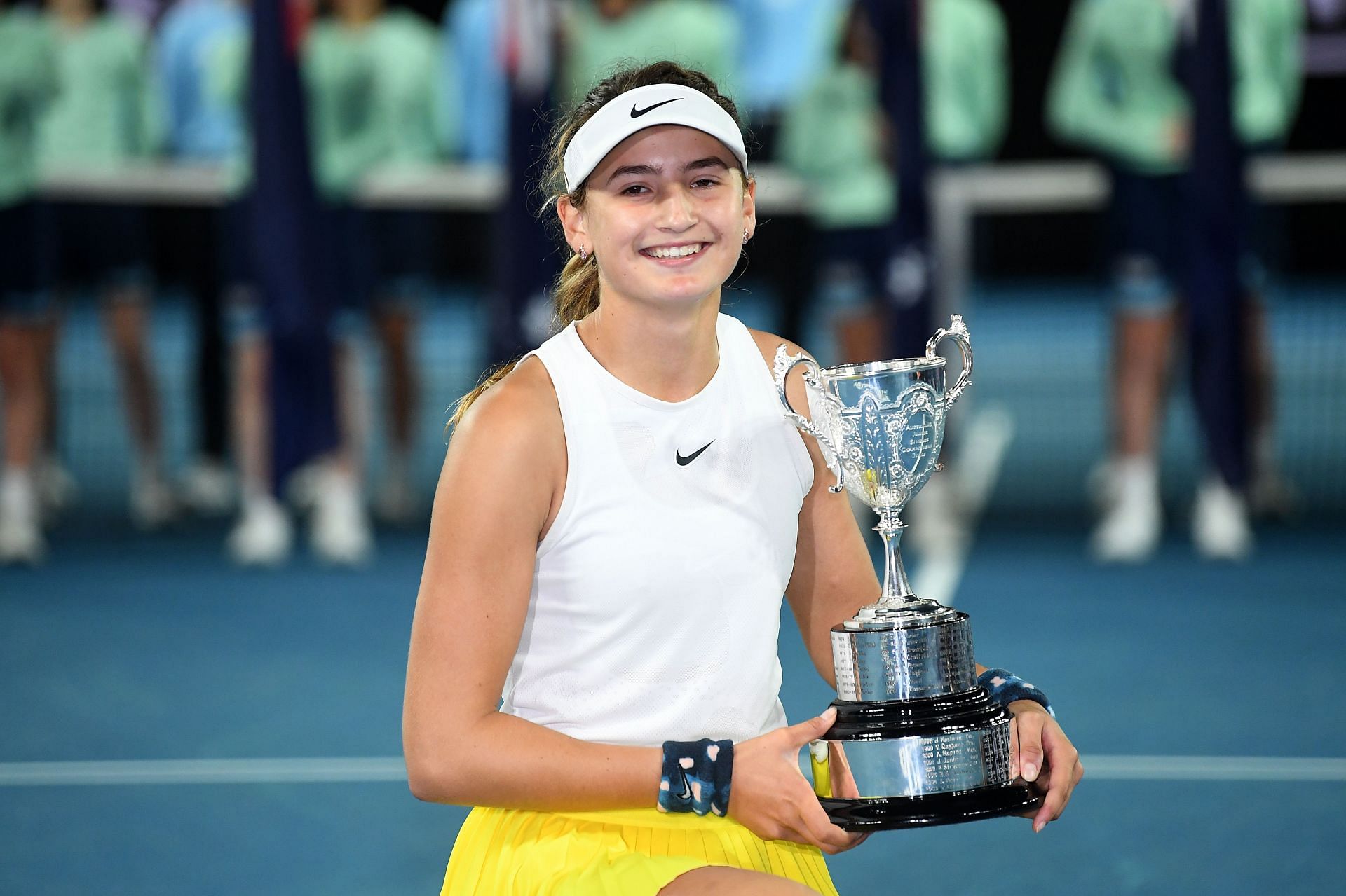 Victoria Jimenez Kasintseva, of Andorra, poses with the championship trophy after winning her Junior Girls&#039; Singles tilte at the 2020 Australian Open at Melbourne Park