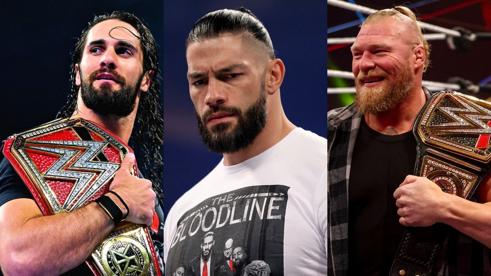 Seth Rollins (left); Roman Reigns (middle); Brock Lesnar (right)