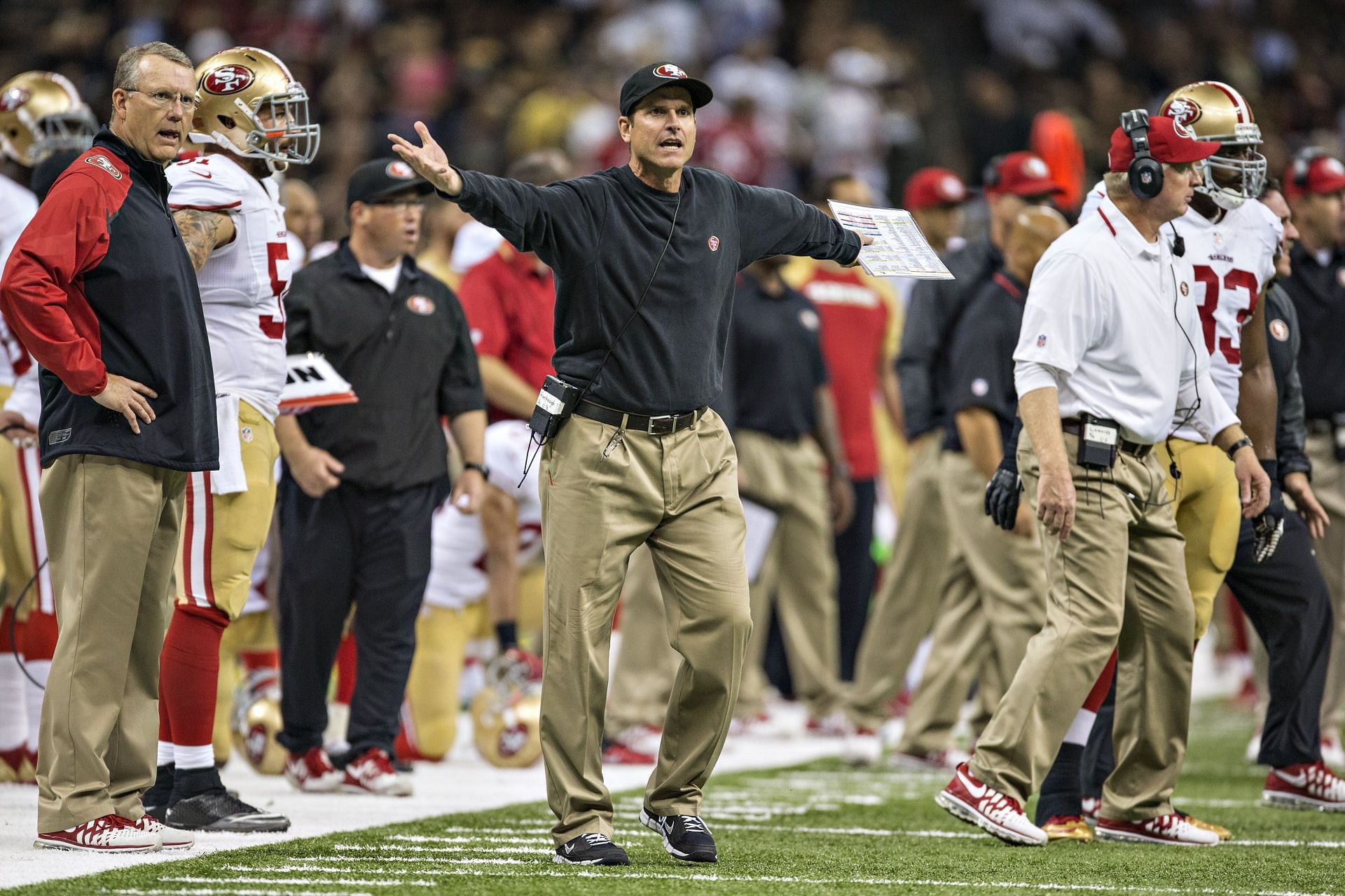 Harbaugh seen coaching against New Orleans during his time in San Francisco (Photo: Getty)