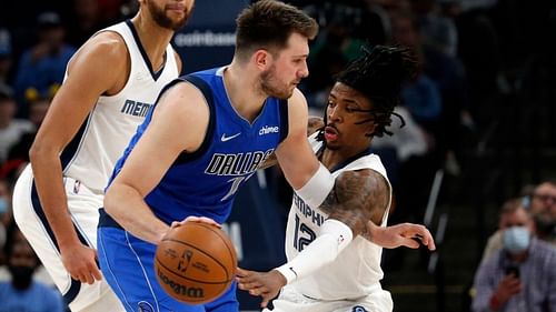 Ja Morant of the Memphis Grizzlies guarding Luka Doncic of the Dallas Mavericks