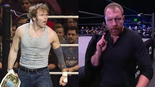 Dean Ambrose (left), Jon Moxley (right) during his runs with WWE and AEW