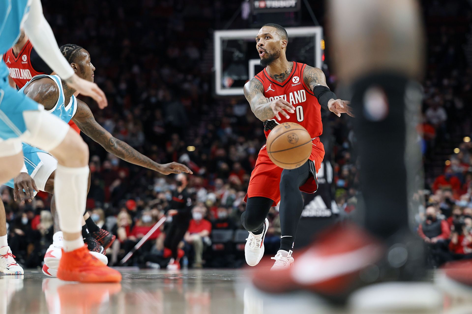 Damian Lillard of the Portland Trail Blazers passes the ball.