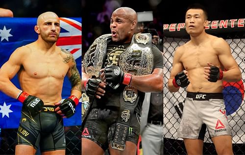 Alexander Volkanovski (left), Daniel Cormier (center) & Chan Sung Jung (right)