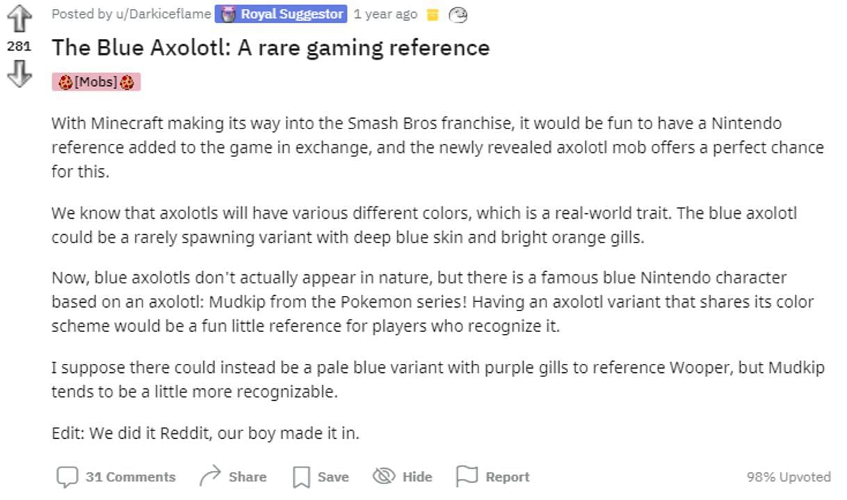 DarkIceFlame&#039;s original post recommending blue axolotls (Image via Reddit)