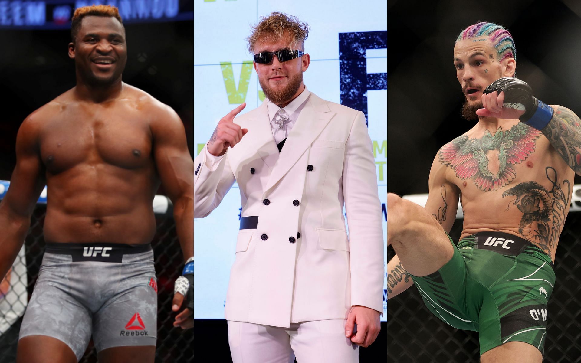 Combat sports superstars Francis Ngannou (left), Jake Paul (center) and Sean O&#039;Malley (right)