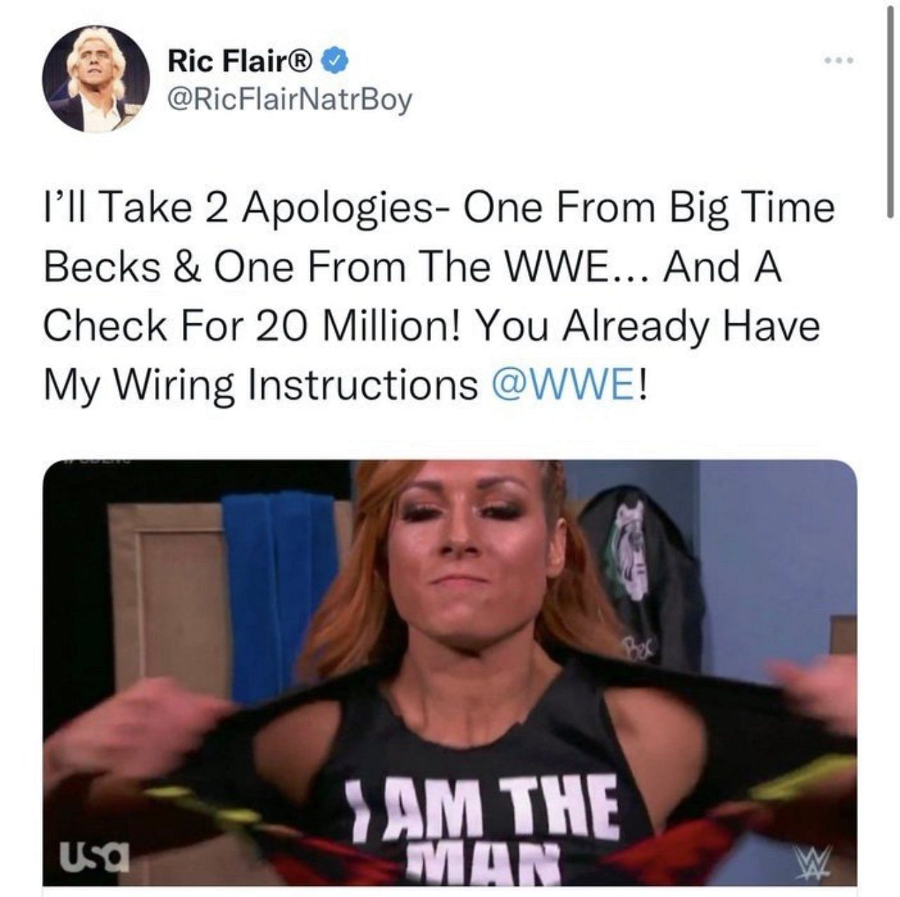 Ric Flair targetted WWE and Becky Lynch in the deleted tweet.