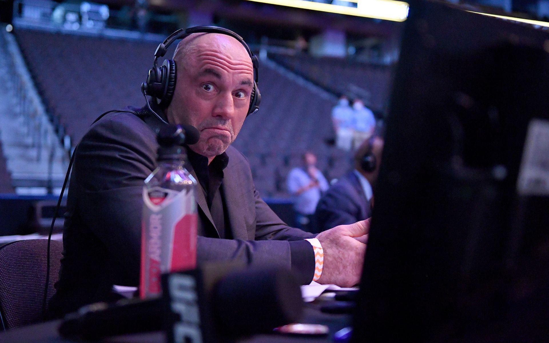 Joe Rogan reacts during a UFC 249 fight at the VyStar Veterans Memorial Arena in May 2020