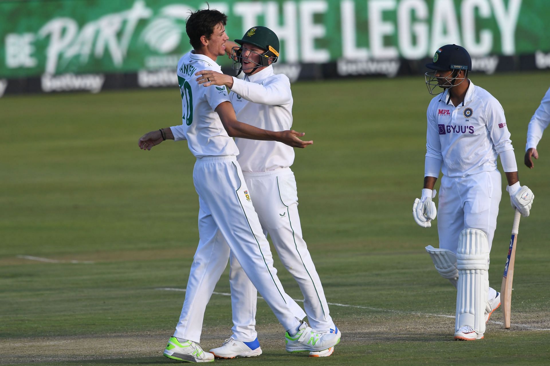 Marco Jansen (left) of South Africa celebrates the wicket of Mayank Agarwal. Pic: Getty Images
