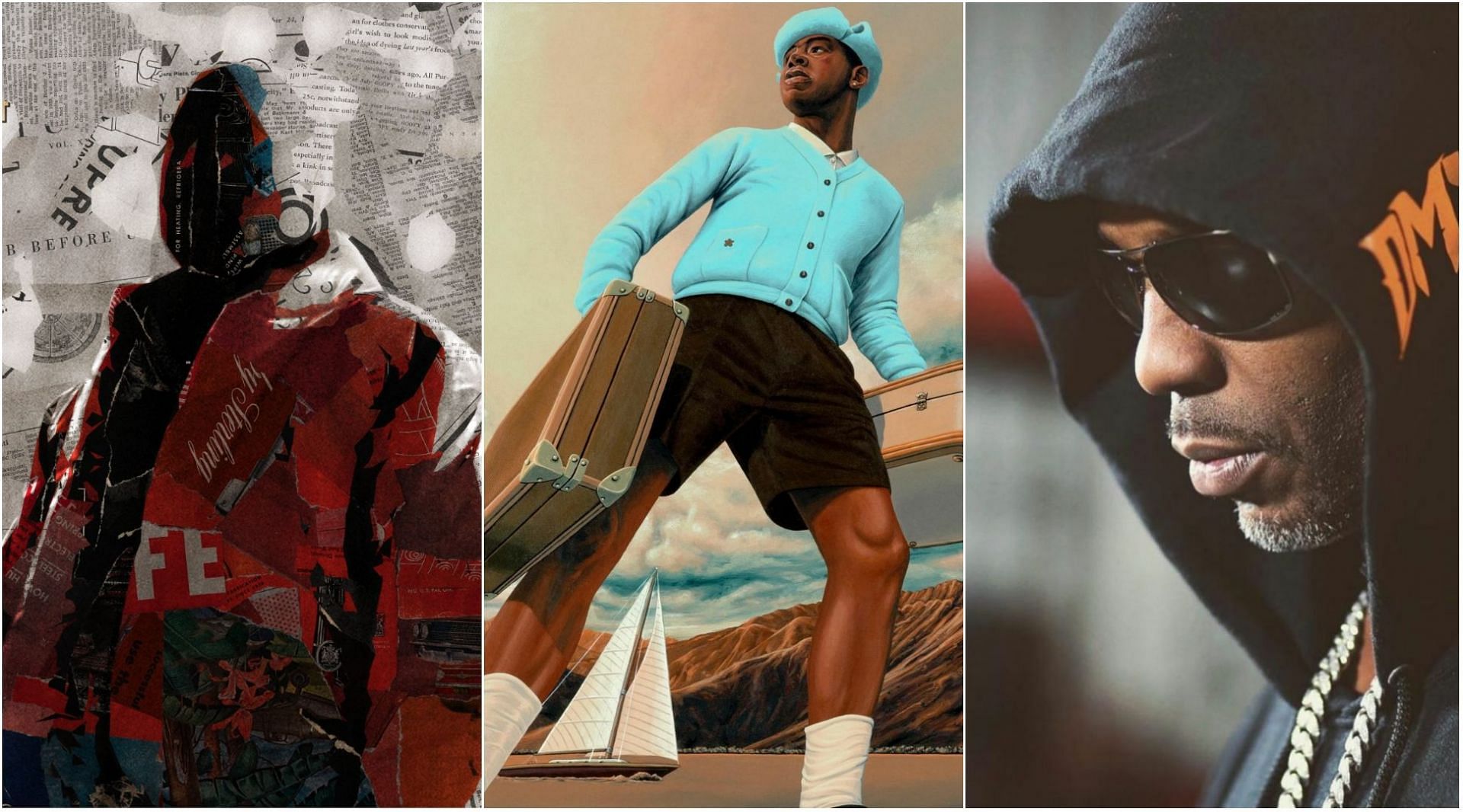 With the 2022 Grammys around the corner, the Best Rap Album category is a hotly-contested one. (Images via Instagram: @nas, @tylerthecreator, Twitter: @photosofkanye)