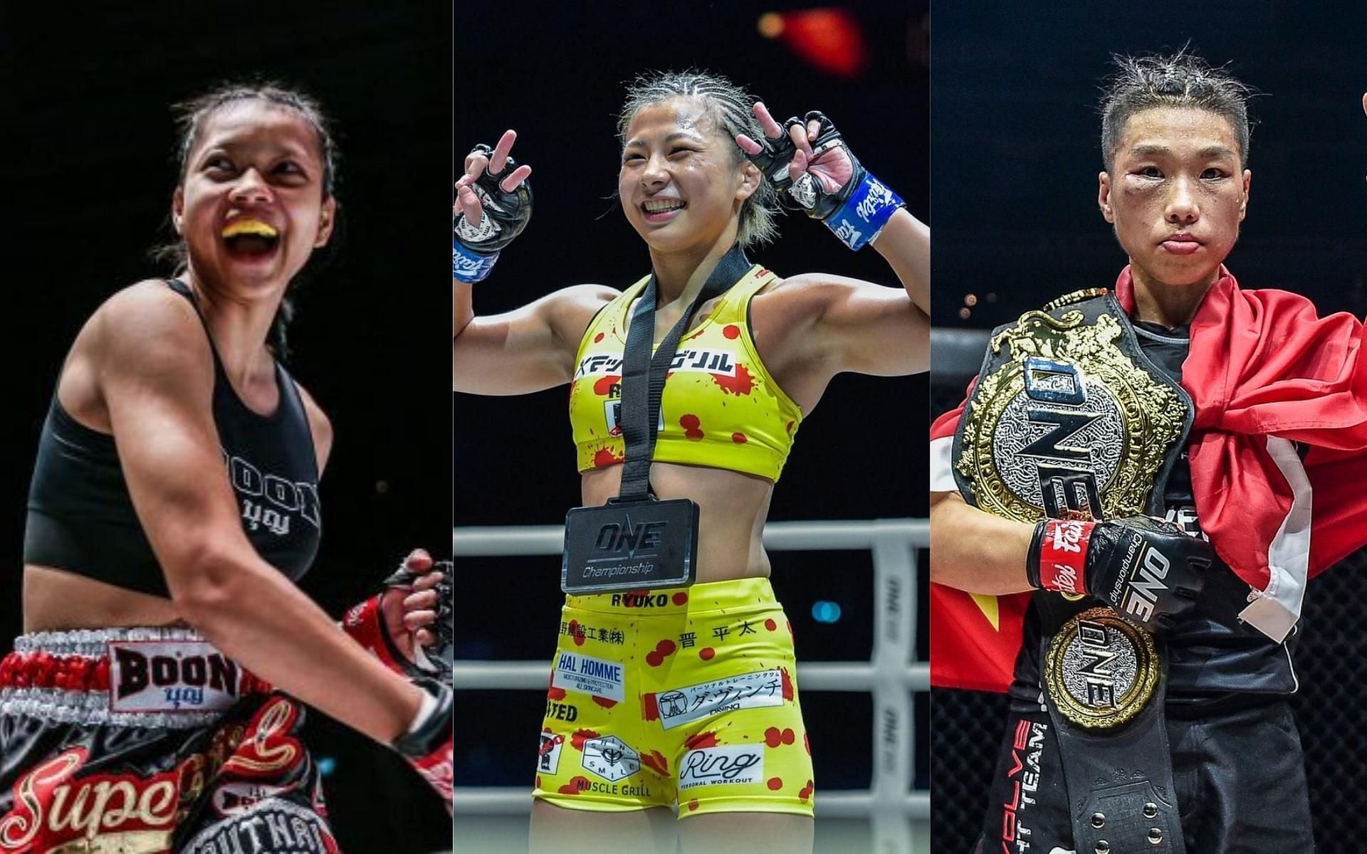 Muay Thai phenom Supergirl (left), ONE Championship title contender Ayaka Miura (center), and strawweight world champion Xiong Jing Nan (right) were all featured in ONE Championship&#039;s pre-fight Vlog for Heavy Hitters. (Images courtesy of ONE Championship)