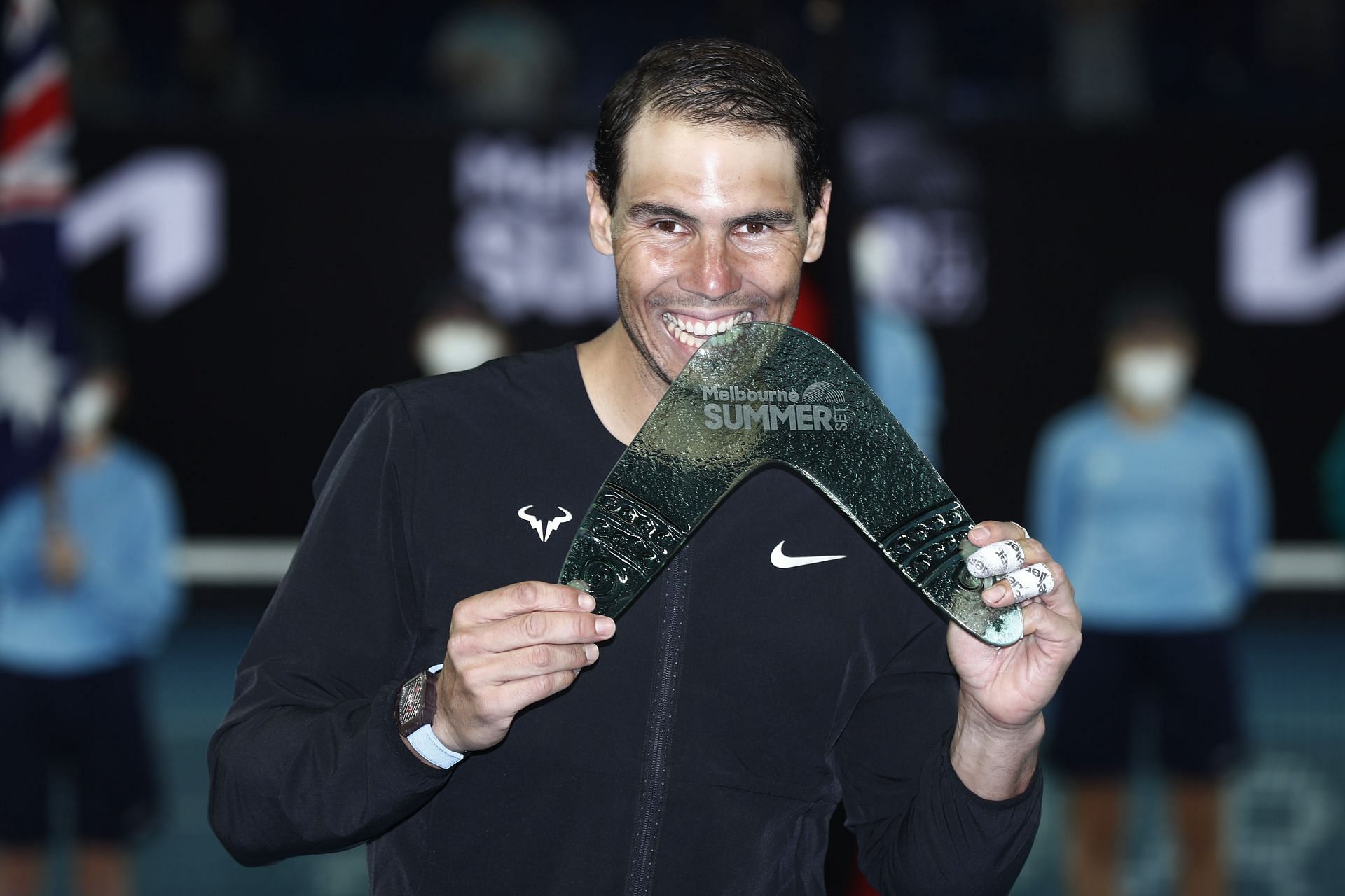 Rafael Nadal poses with the trophy at the Melbourne Summer Events at Melbourne Park