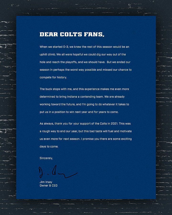 Colts Owner and CEO Jim Irsay&#039;s letter to fans