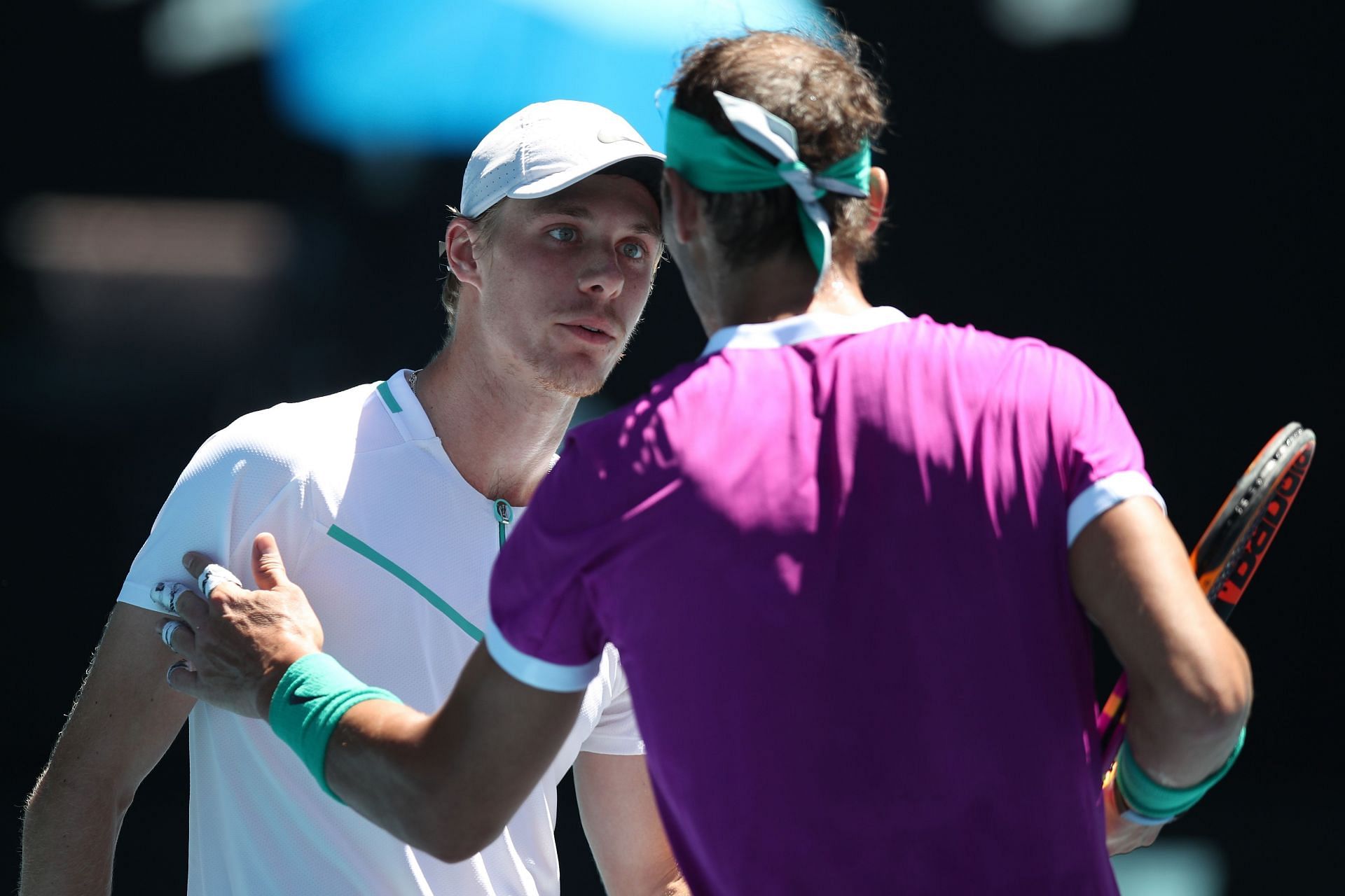 Denis Shapovalov and Rafael Nadal exchange words during their 2022 Australian Open match