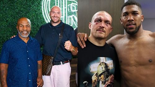 Tyson Fury and Mike Tyson (left) Anthony Joshua and Oleksandr Usyk (right)