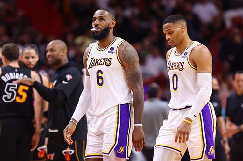 LA Lakers superstars LeBron James, left, and Russell Westbrook