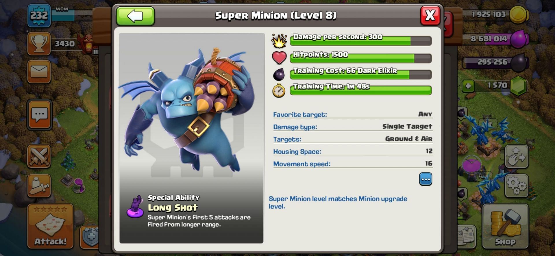 The Super Minion level 8 statistics (Image via Sportskeeda)