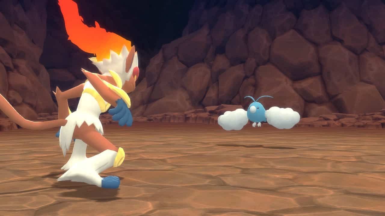 An Infernape battling a Swablu in Pokemon Brilliant Diamond and Shining Pearl (Image via ILCA)